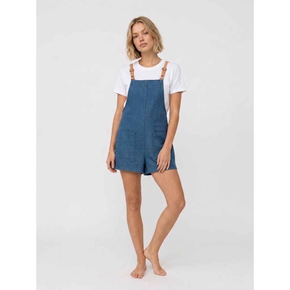 Jumping-Jax Denim Shortall Overalls Blue Leather Straps M Vintage Retro 90s Y2K